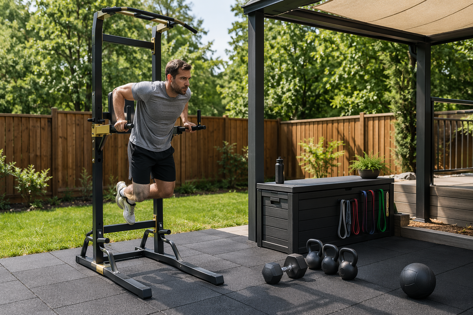 A person doing dips on a black power tower with gold accents in a sunny backyard on dark rubber tiles, with a pergola canopy and other equipment nearby.
