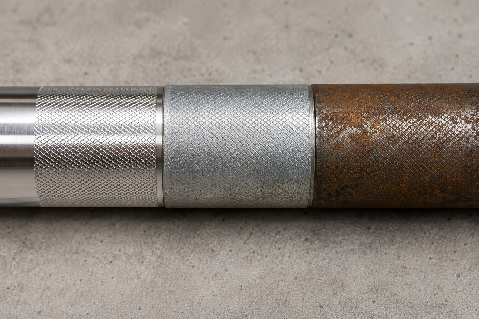 Three Olympic barbell shaft finishes side by side: polished stainless steel with no rust, matte gray zinc-coated with minor wear, and bare steel with visible orange rust patches.