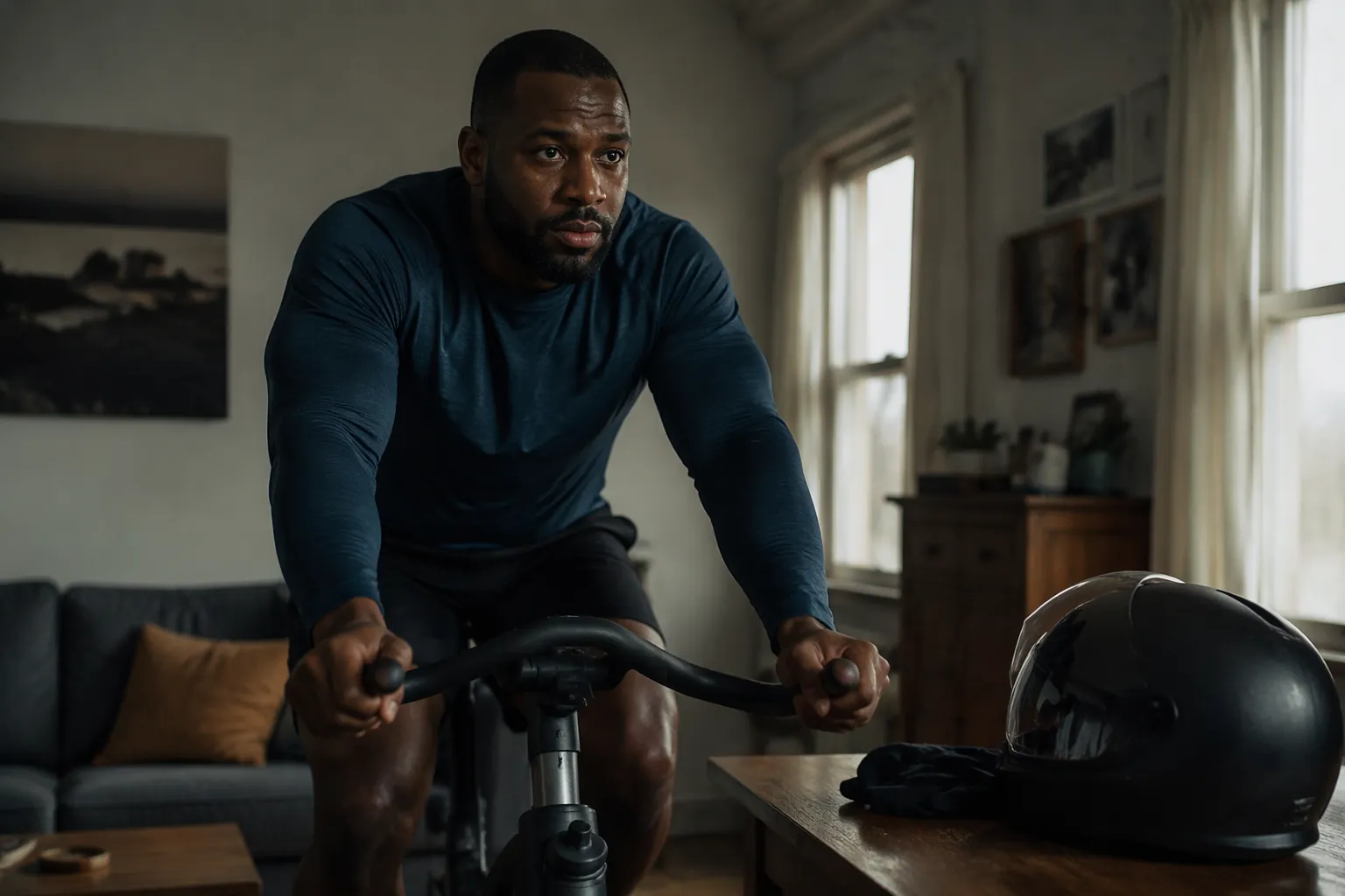 Bobsled athlete using a stationary bike at home during concussion recovery