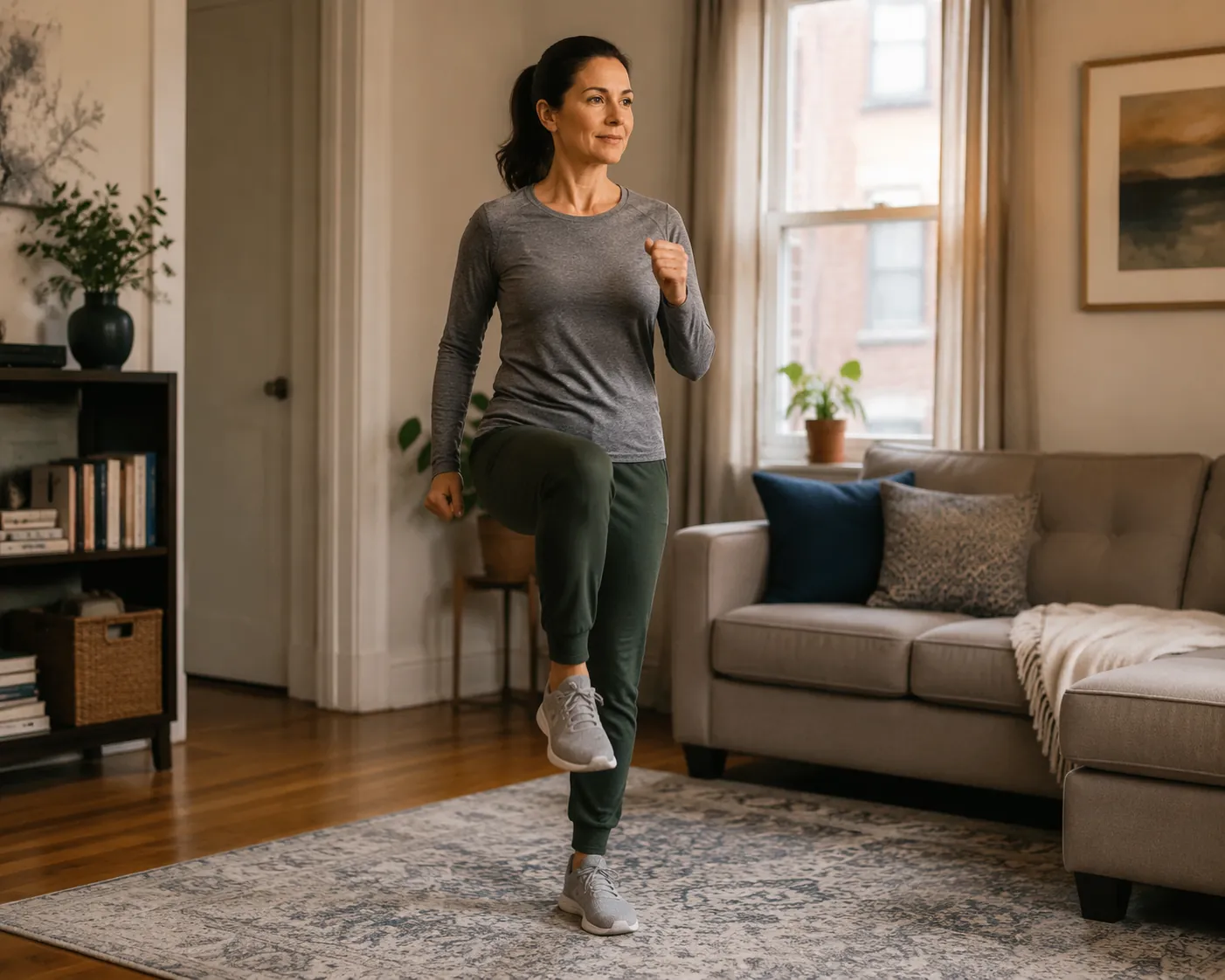 Person quietly marching in place in a sunlit apartment living room