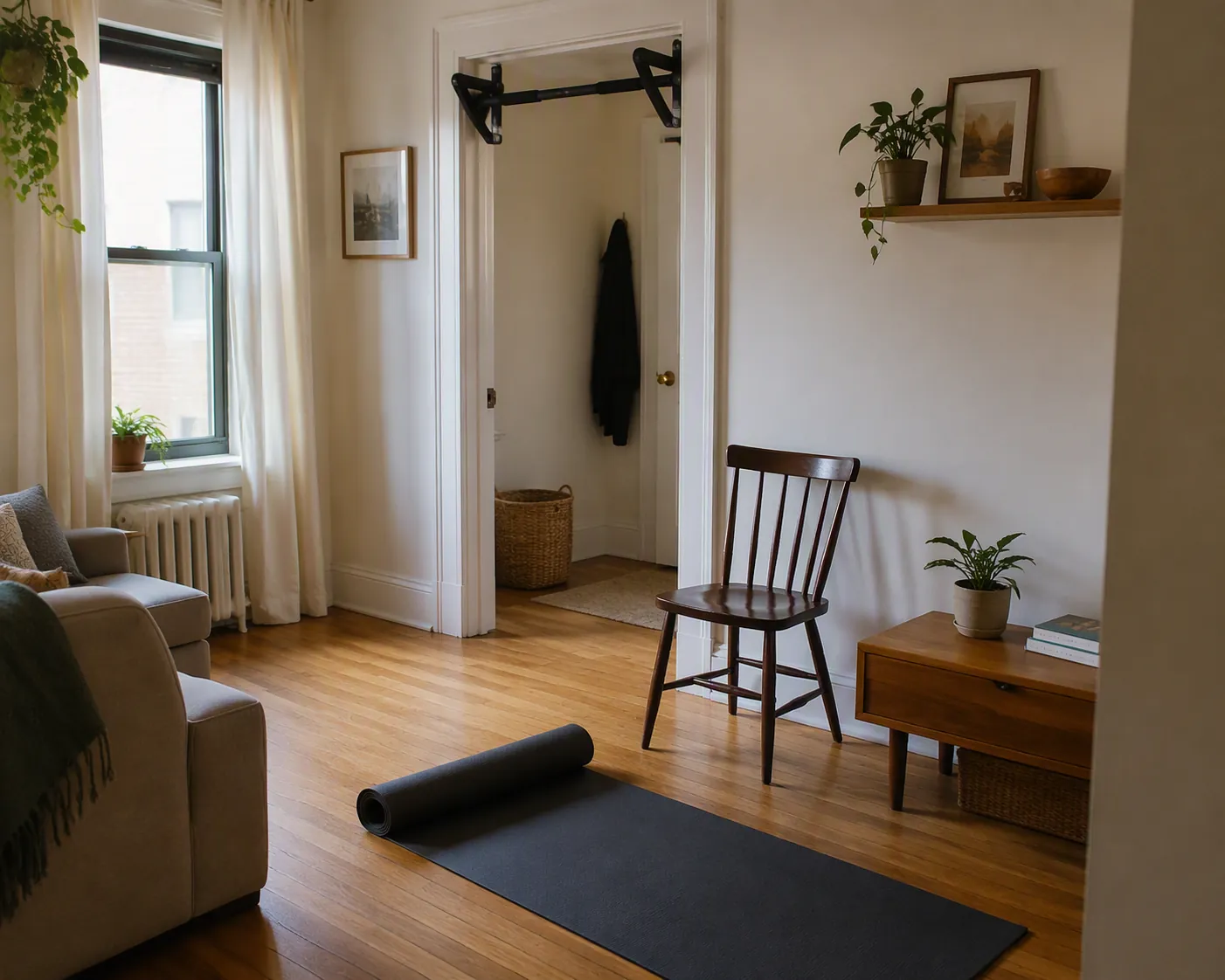 Compact apartment living room set up with an exercise mat, doorway pull-up bar, sturdy chair, and coffee table pushed aside