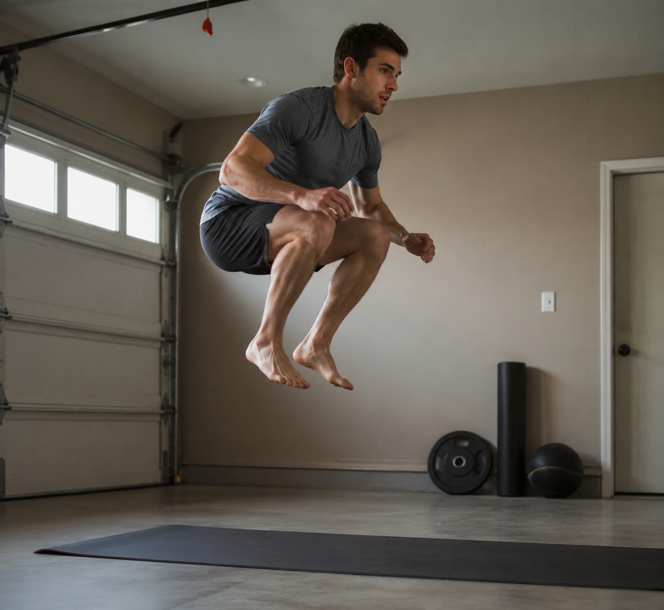 Home runner performing an explosive squat jump in a garage without heavy gym equipment