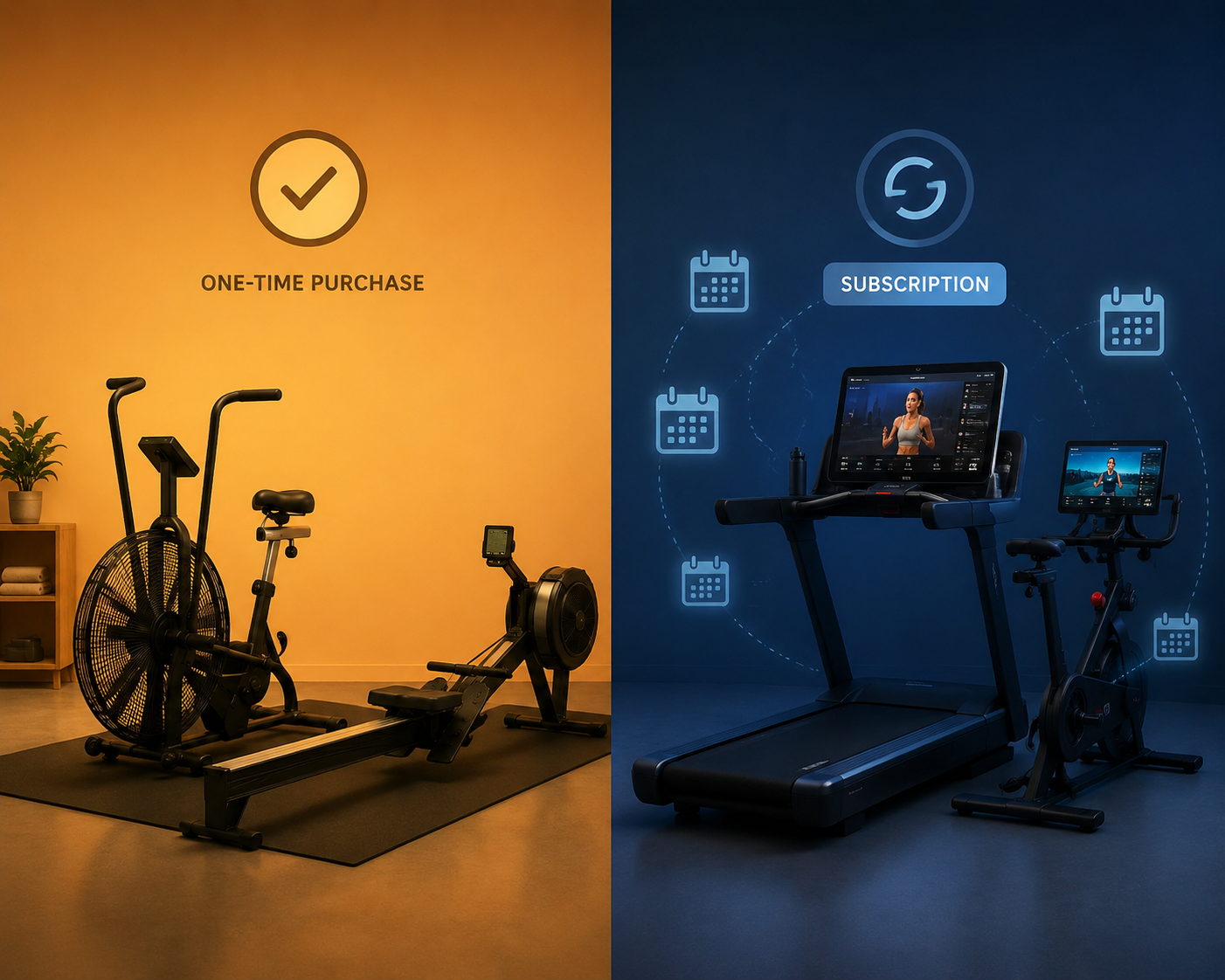 An air bike ownership path compared with a connected treadmill subscription path