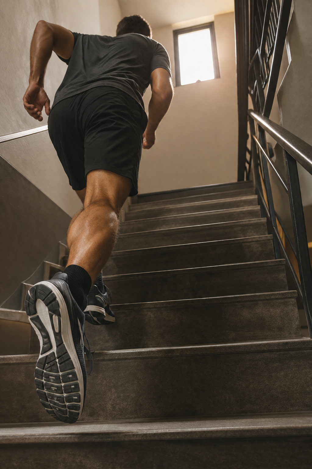A runner climbing stairs in an apartment building stairwell