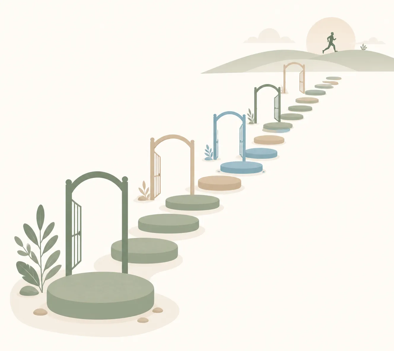 Ascending recovery pathway with checkpoint gates leading toward a runner
