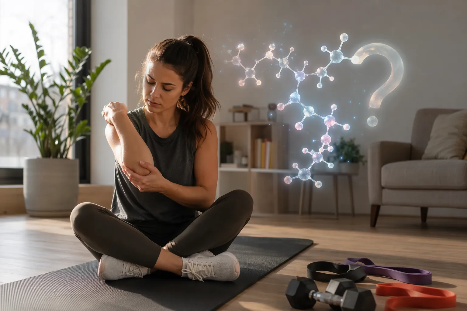 Person in a home gym holding their forearm while a molecular chain forms a question mark