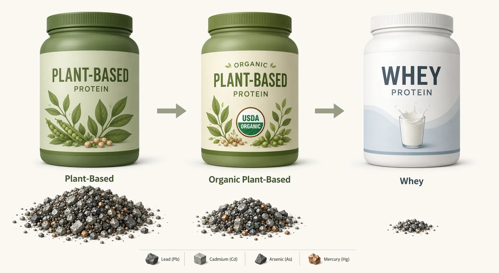 Plant-based, organic plant-based, and whey protein containers compared by heavy metal particles