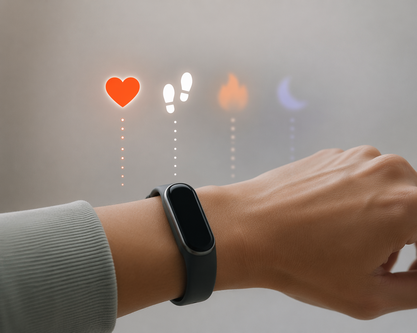 Fitness tracker showing clear heart and step data beside blurred calorie and sleep icons