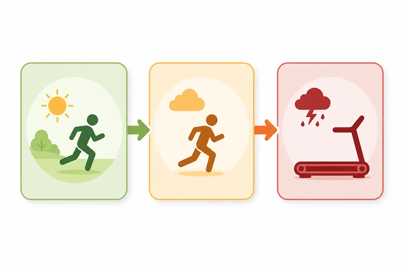 Three-panel running decision flow showing outdoor running, adjusted running, and a storm-to-treadmill indoor pivot