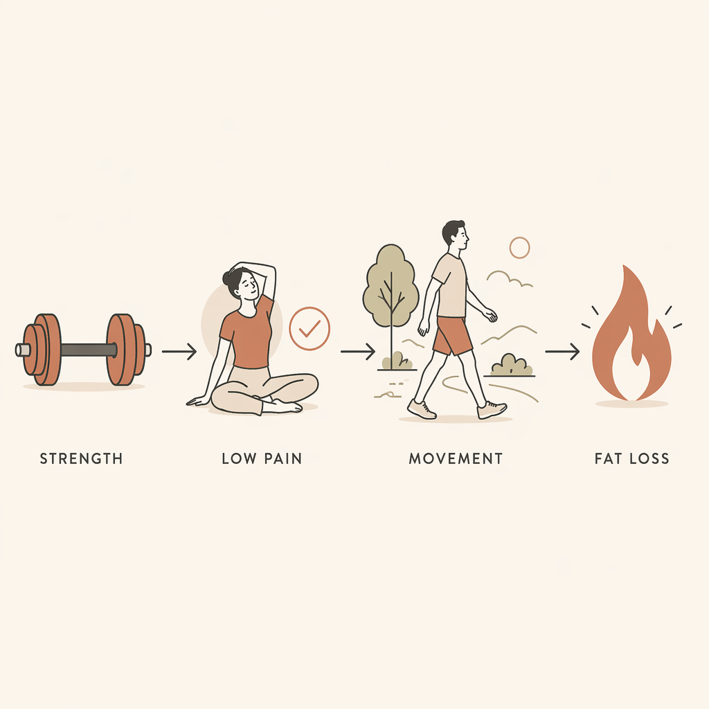 A flow illustration showing dumbbell icon leading to a relaxed figure with a 'low pain' cue, then to a walking figure representing daily movement, then to a flame icon representing fat loss. Labels: 'Full-body training', 'Lower soreness', 'More daily activity', 'Greater fat loss'.
