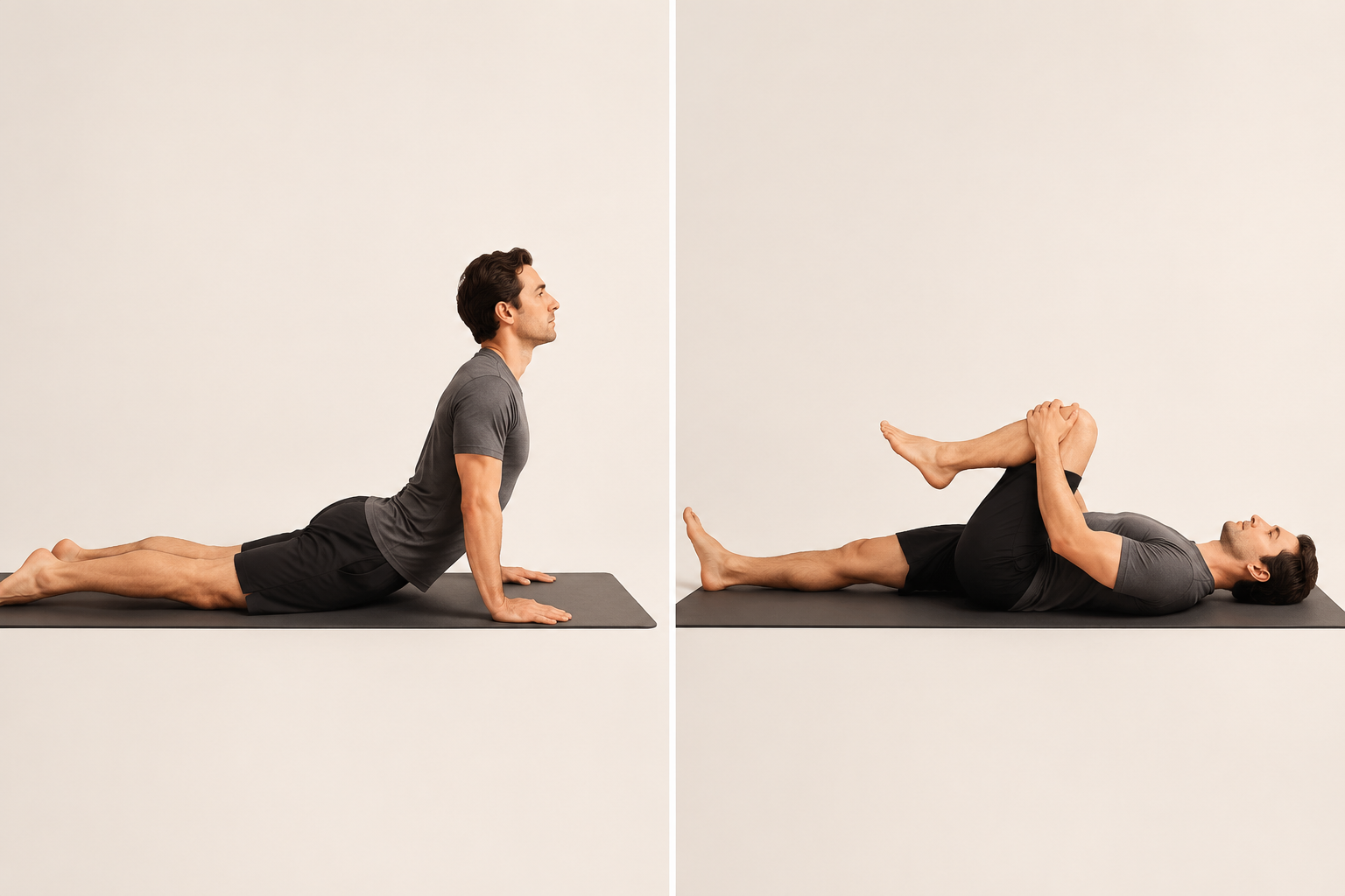 Side-by-side comparison of prone press-up extension and knee-to-chest flexion positions for sciatica relief