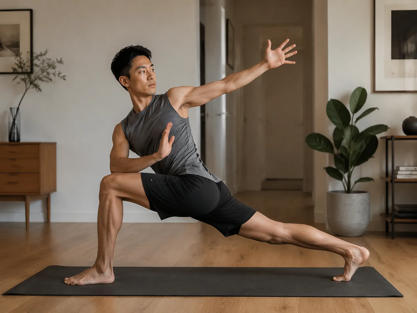 Person on a yoga mat in a deep lunge with strong torso rotation in a living room