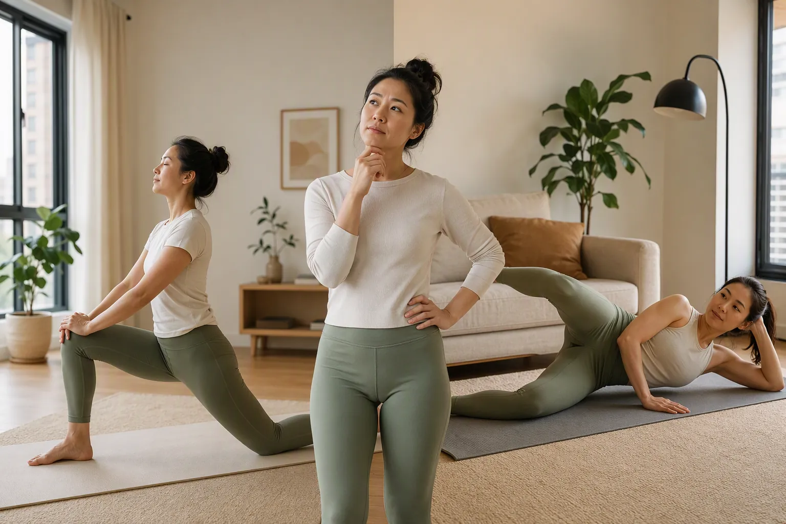 Person in a living room deciding between hip stretching and strengthening exercises