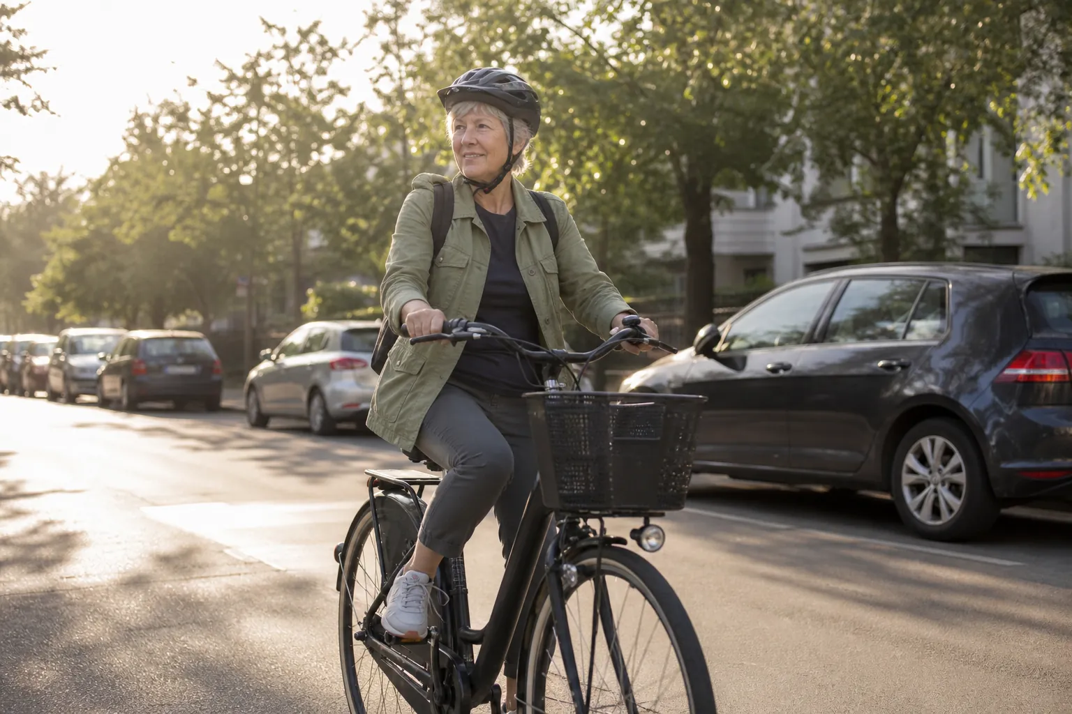 Older woman riding a city bike on a tree-lined street during a morning commute