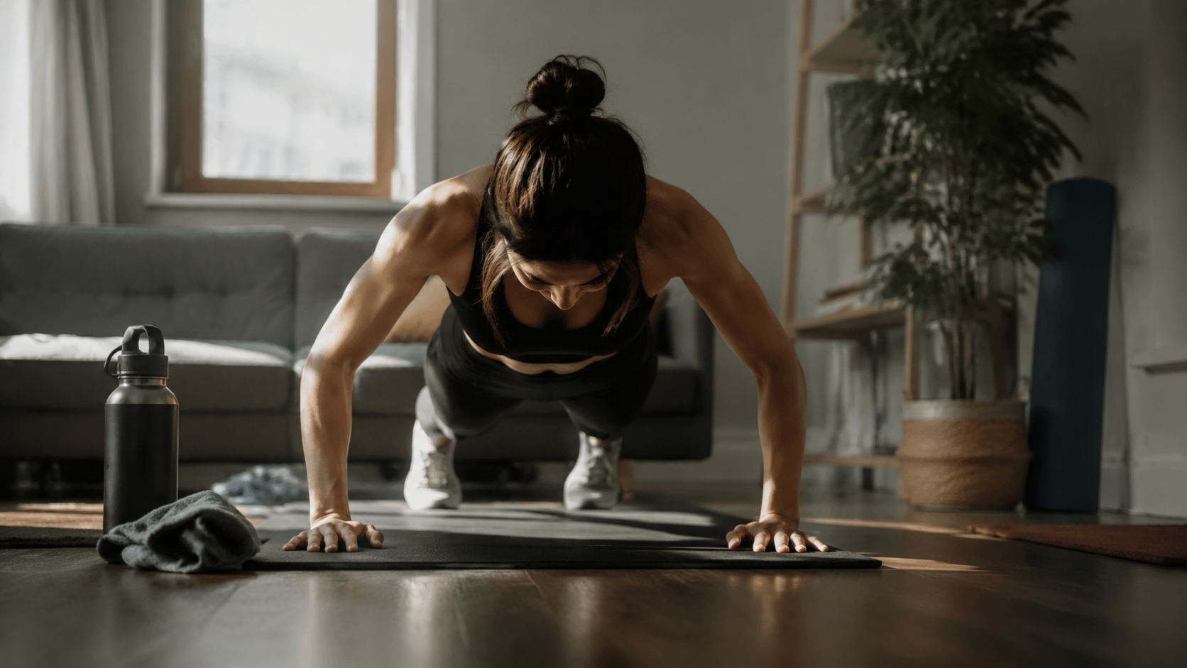 Person performing push-ups during focused home training in a bright living room