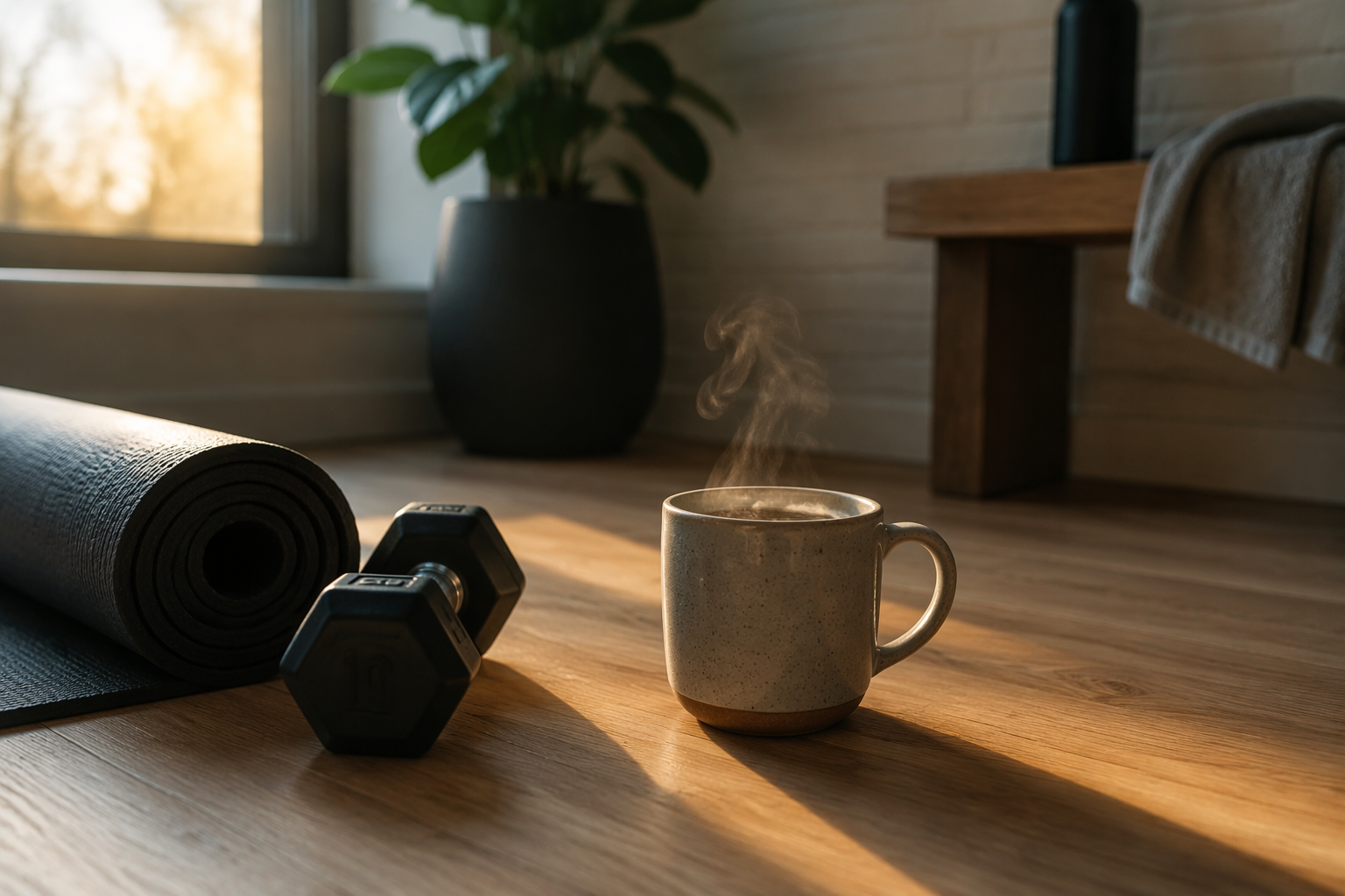 Early-morning home gym setup with a steaming coffee cup beside a dumbbell and yoga mat