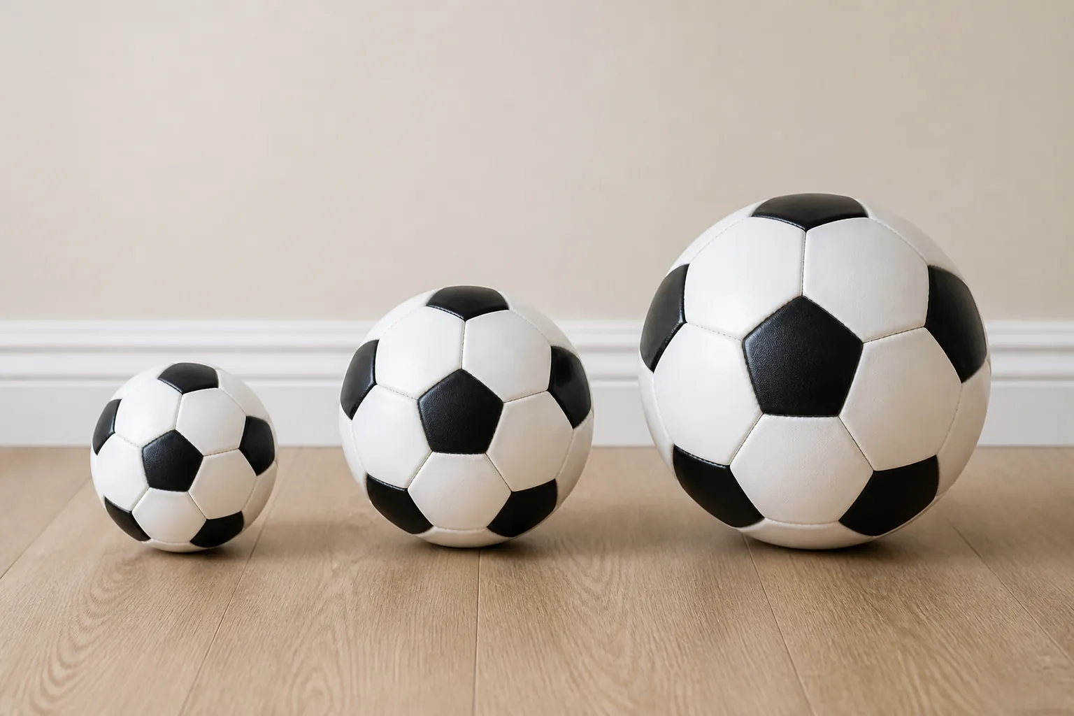 Three youth soccer balls in sizes 3, 4, and 5 lined up on an apartment floor near a baseboard