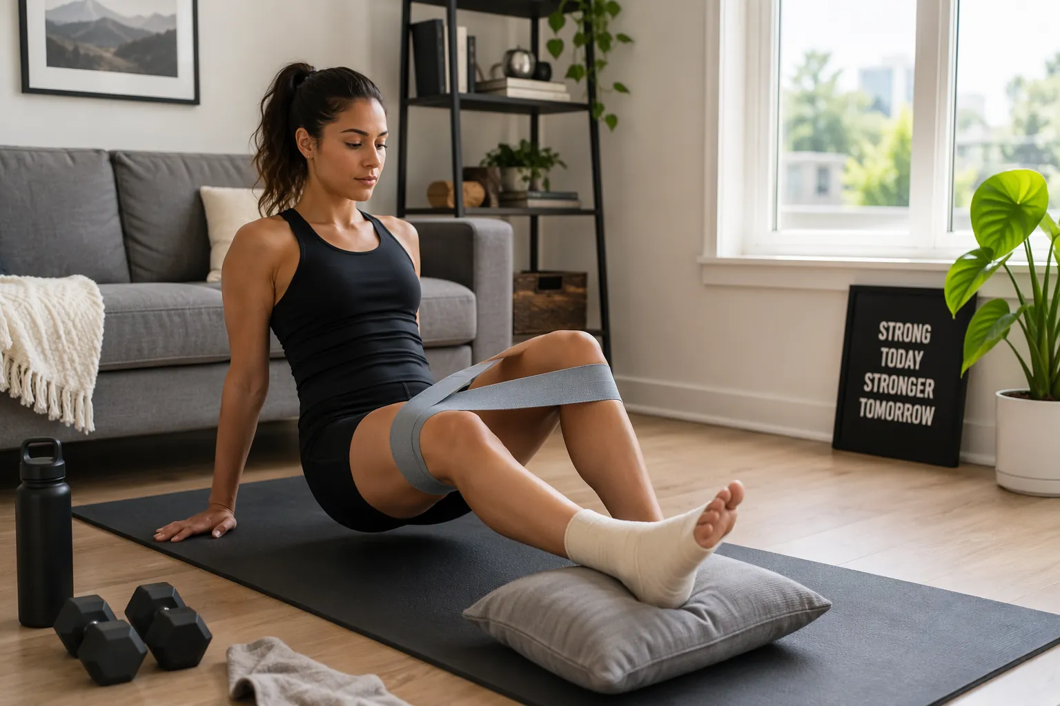 Person seated on a mat with one bandaged foot elevated while using a resistance band for a non-weight-bearing home workout