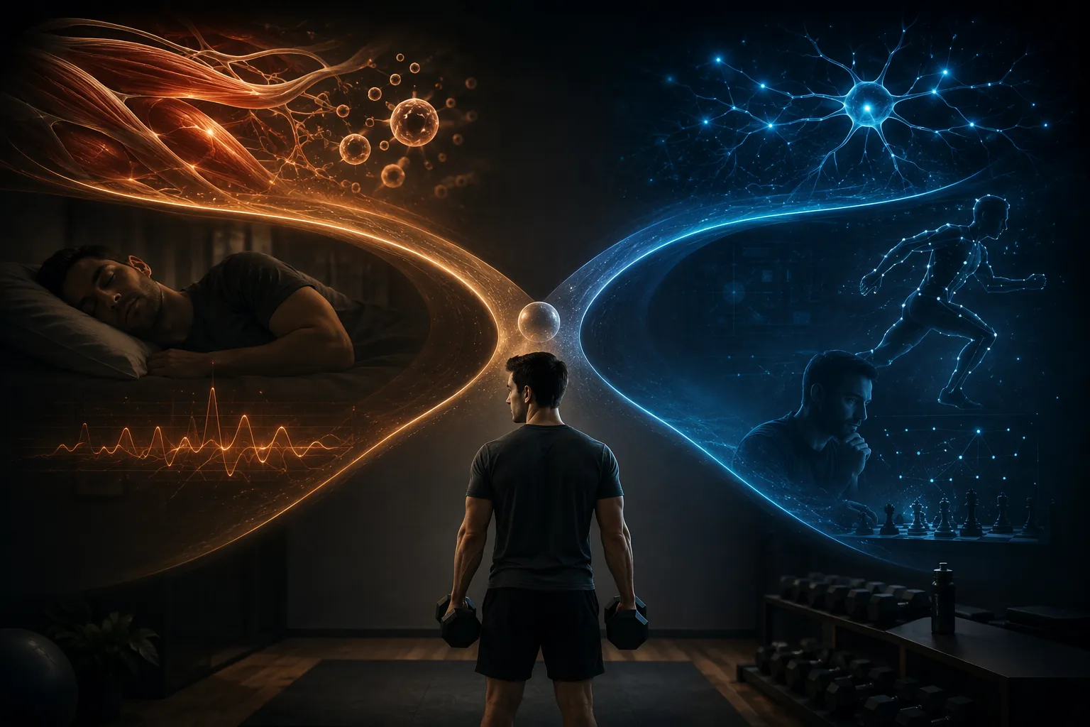 Decision framework visual showing a home exerciser choosing between a muscle repair path and a REM-dependent coordination recovery path