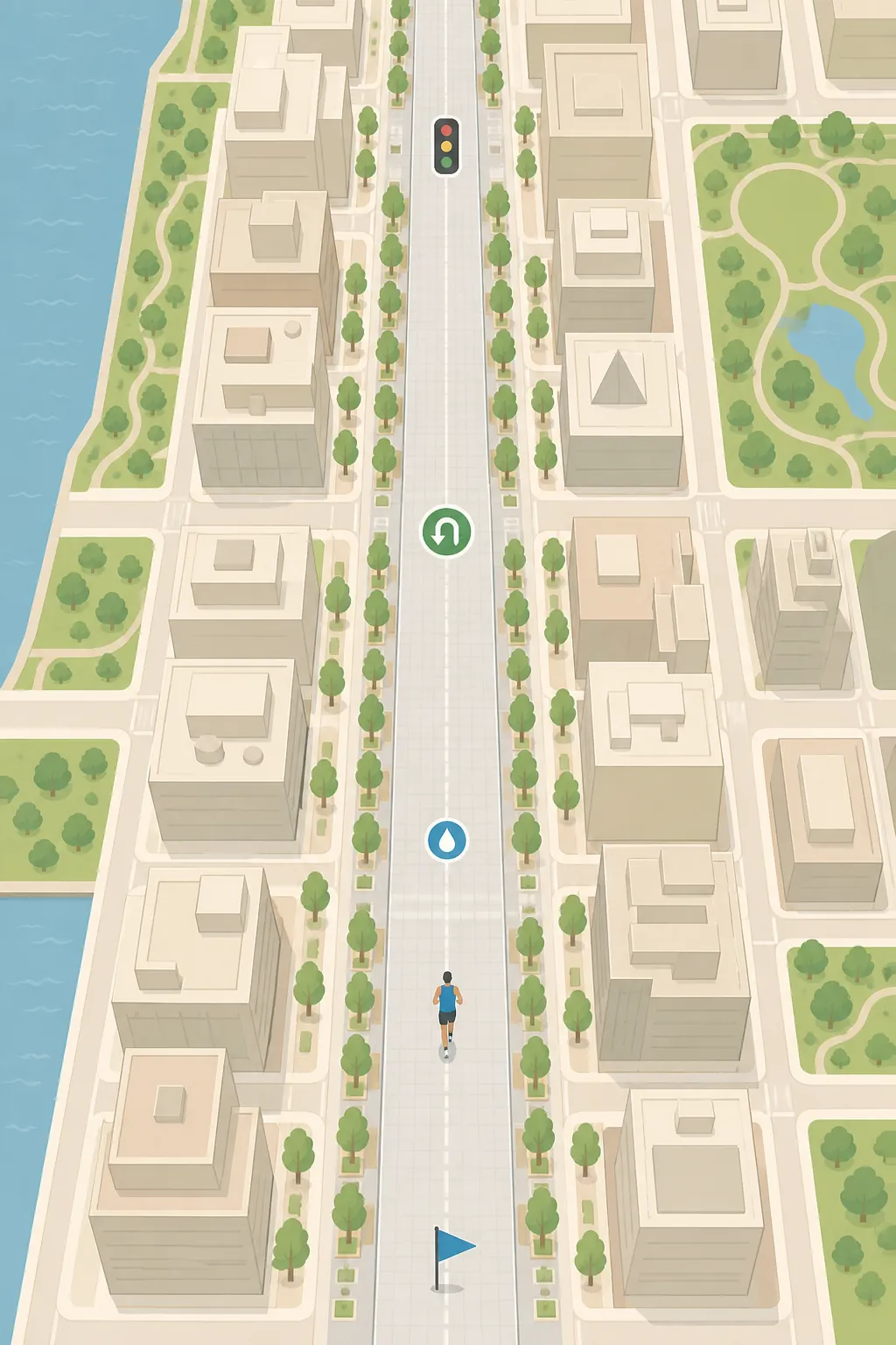 Top-down schematic of a car-free city avenue with start, water, turnaround, and traffic signal markers for a runner