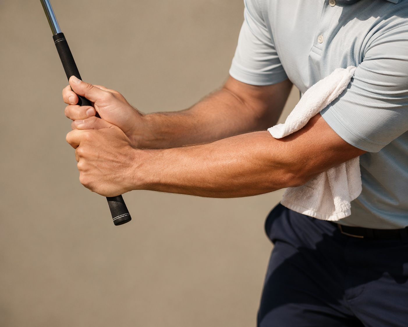 Close-up of golfer hands and towel setup for a lead-wrist control drill