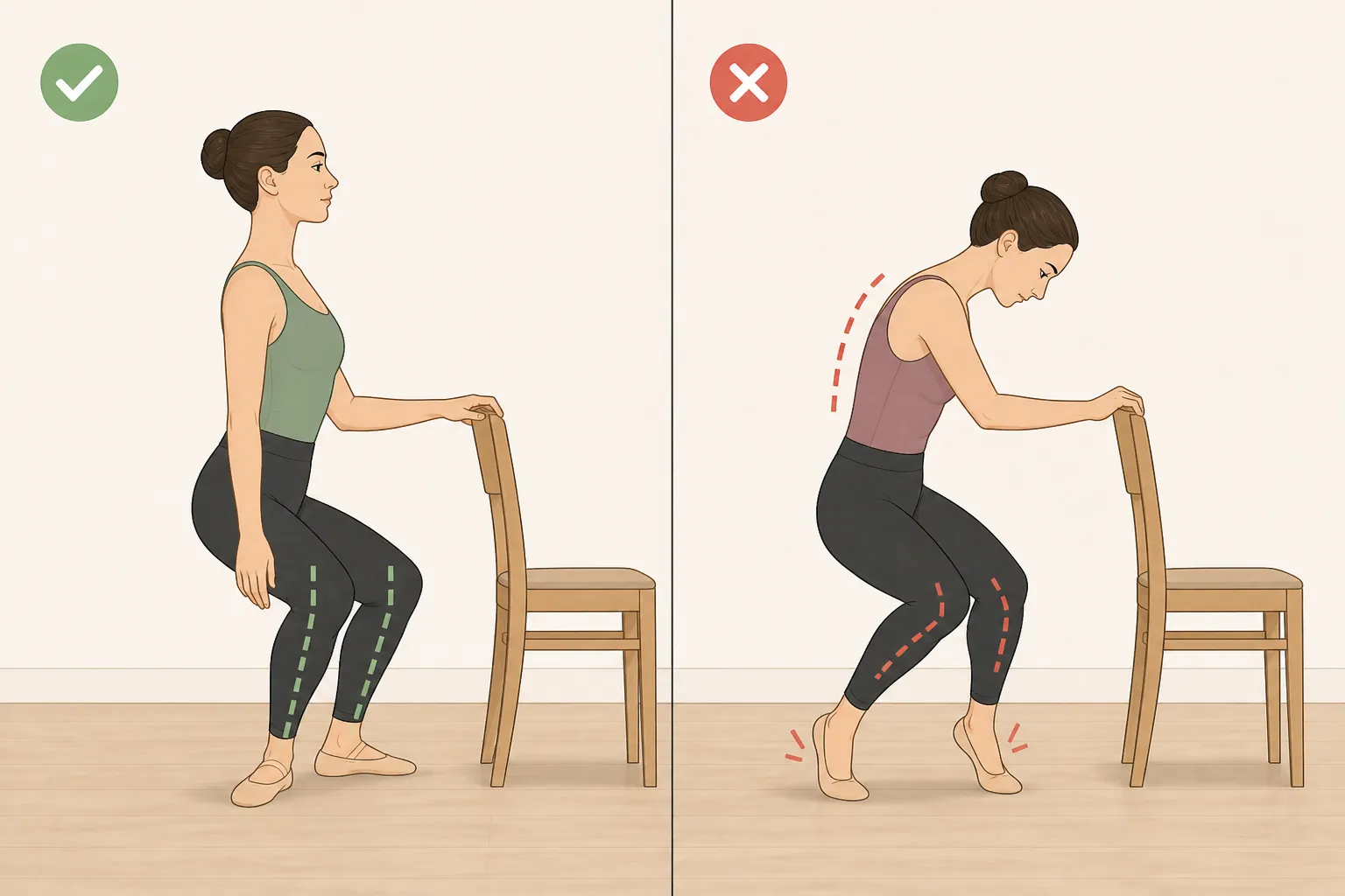 Comparison of correct and incorrect plié form showing knees tracking over toes versus knees collapsing inward