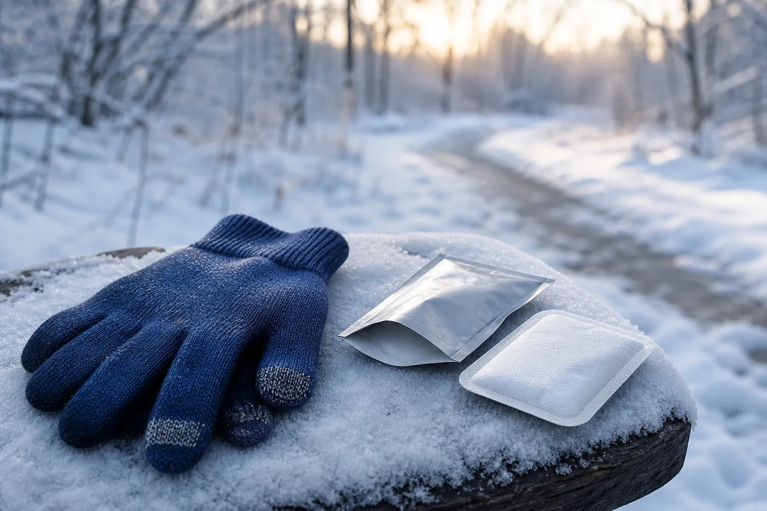 Air-activated and reusable hand warmers beside knit running gloves on snow.