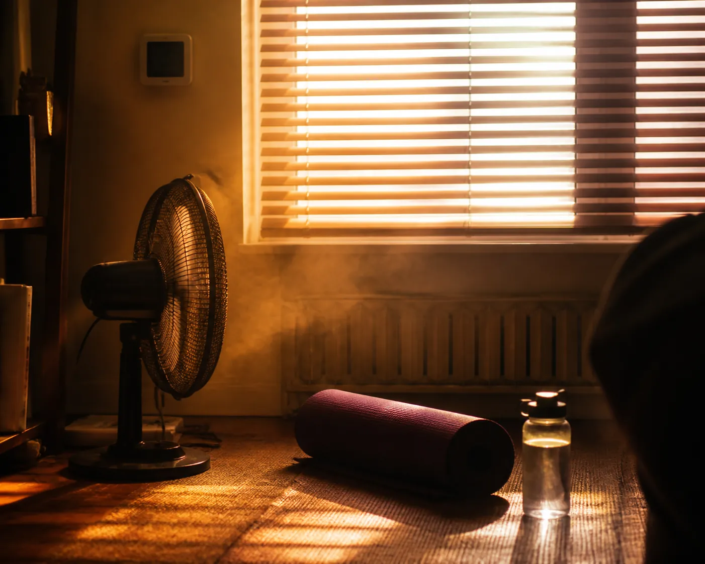 Sun-heated no-AC apartment with a thermometer, fan, yoga mat, closed blinds, and water bottle