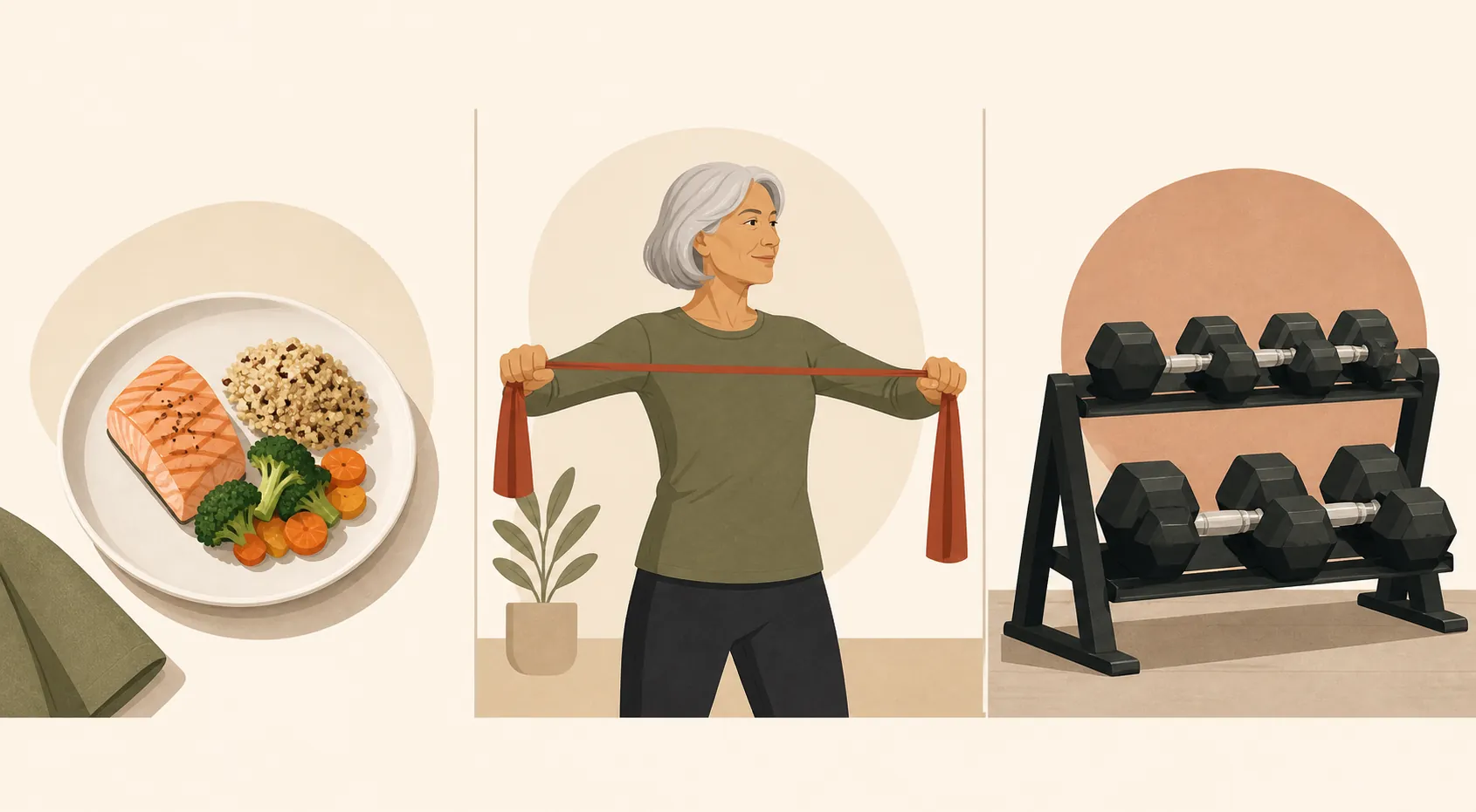 Illustration showing modest food portions, an older adult using a resistance band, and heavy dumbbells