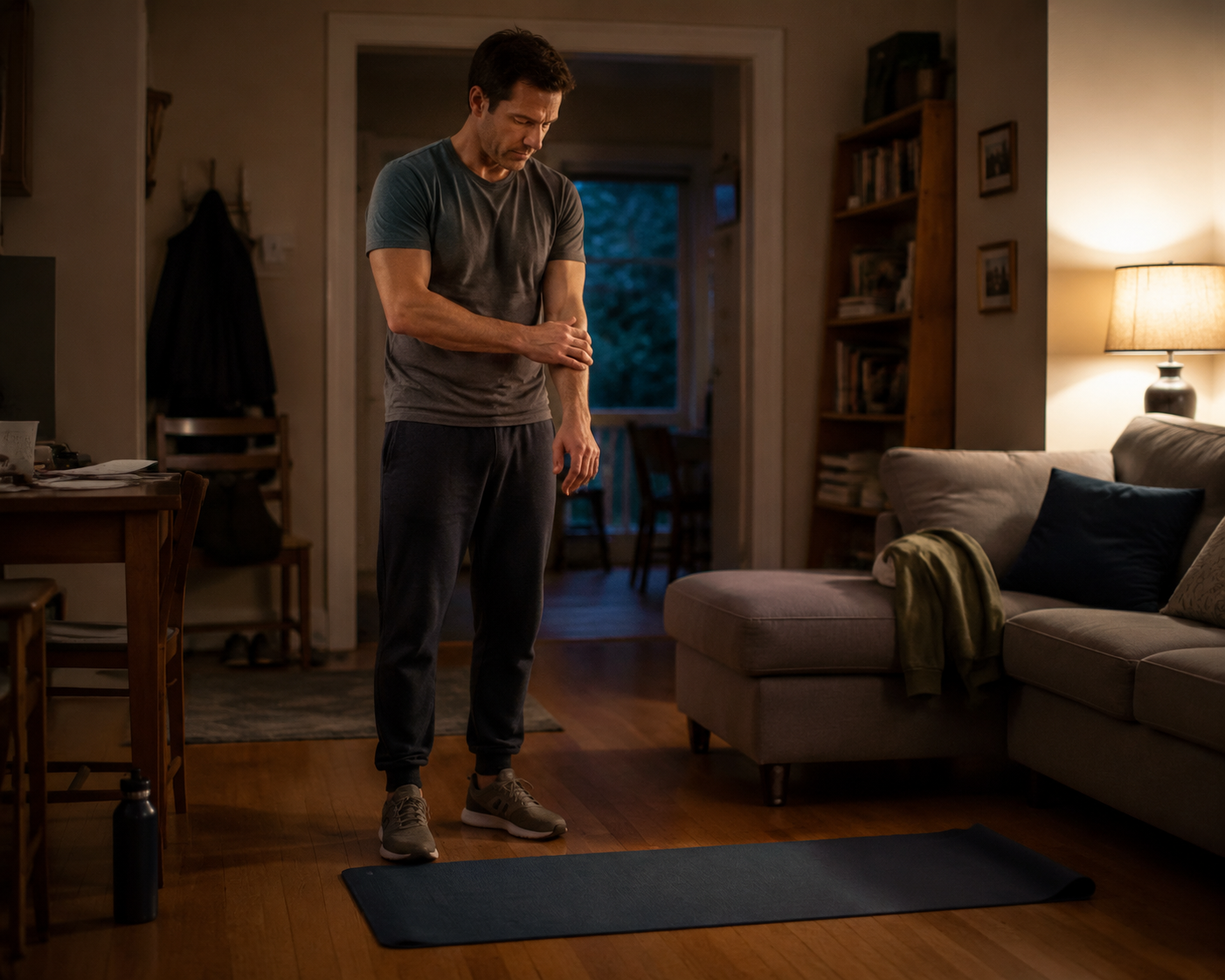 A person standing on a yoga mat in a modest living room at evening before beginning a home workout