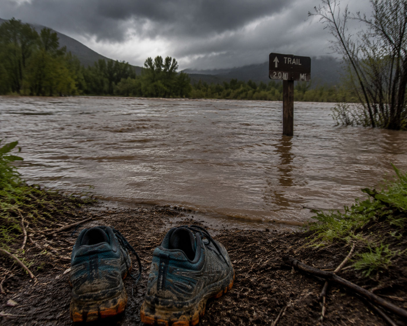 Muddy running shoes near a flooded trail with fast-moving brown water covering the path ahead