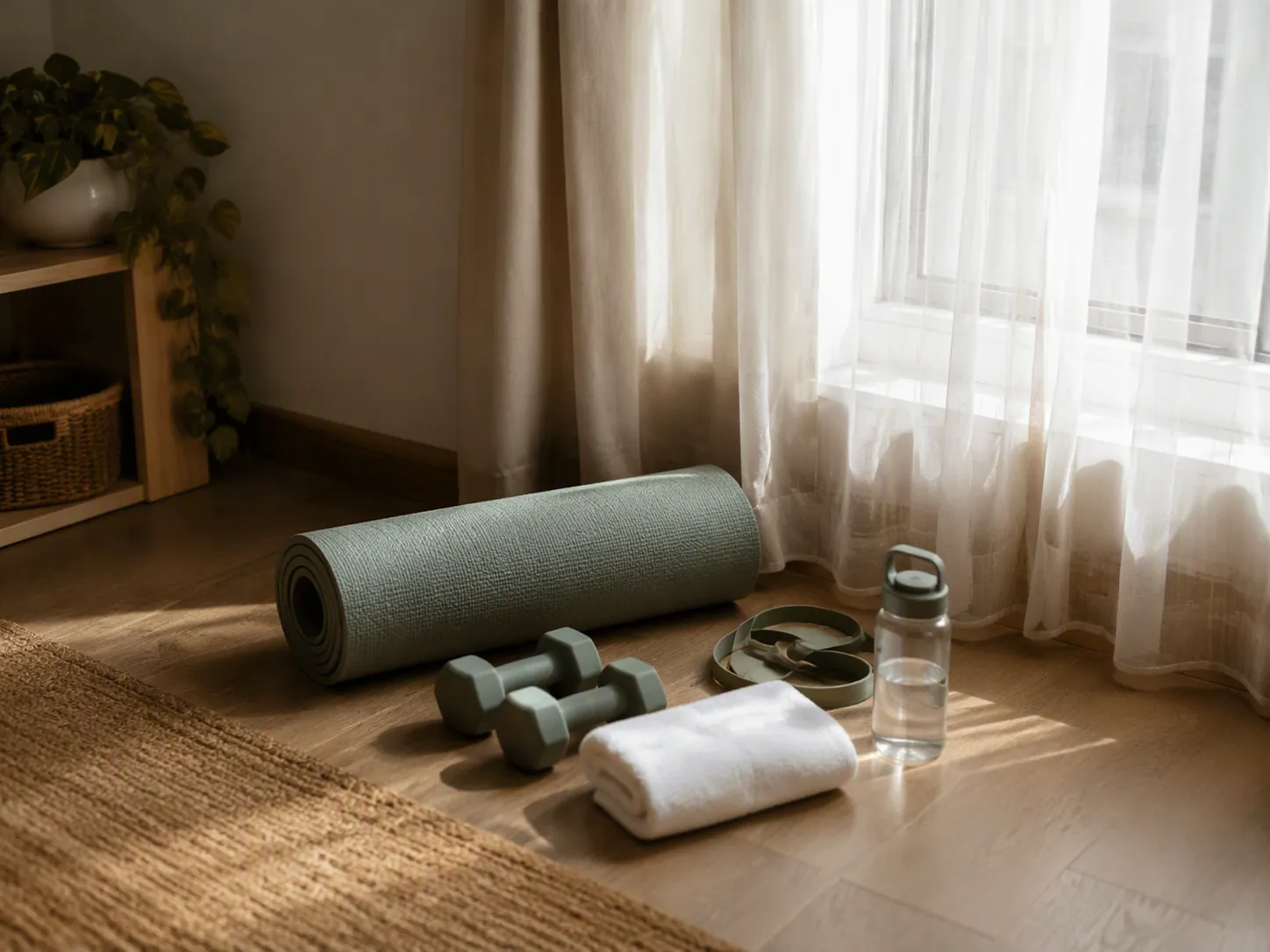 Small apartment workout corner with a yoga mat, dumbbells, resistance band, towel, and water bottle