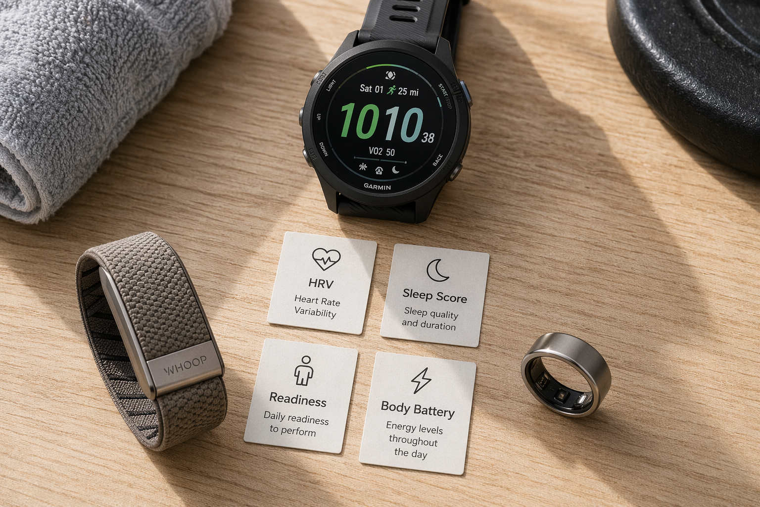 Flat lay on wooden surface showing Whoop 5.0 fabric band, Oura Ring 4, and Garmin Forerunner 265 arranged in a triangle with labeled cards HRV, Sleep Score, Readiness, Body Battery.