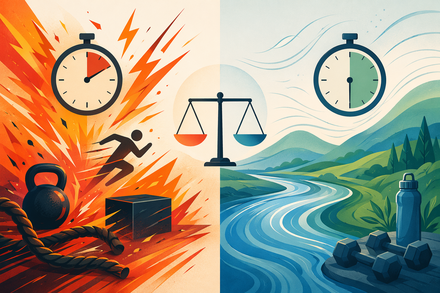 A split-comparison editorial illustration contrasting two workout approaches: left side shows abstract explosive energy bursts in warm orange and red tones with motion lines suggesting short intense intervals, right side shows a calm flowing river in cool blue and green tones suggesting sustained moderate effort, with a small balance scale between them.