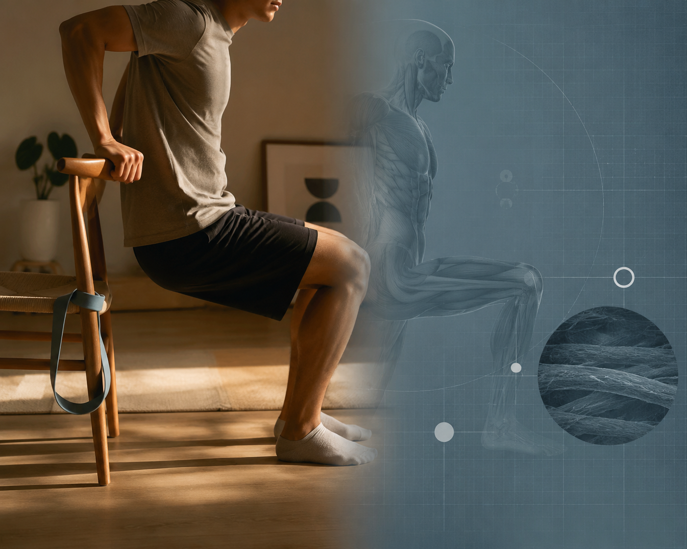 Apartment corner with a resistance band and controlled bodyweight movement beside scientific document graphics