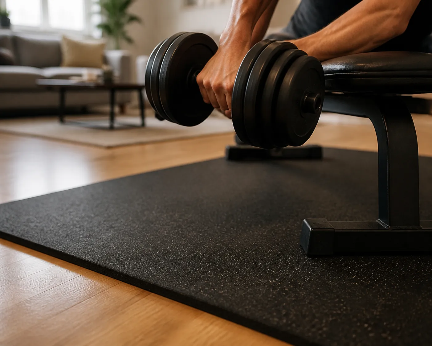 Hands lowering a heavy dumbbell under control near a bench on a rubber mat over an apartment floor