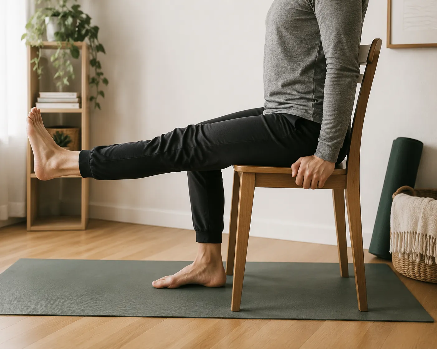 A person seated on a yoga mat extending one leg beside a chair in a small home rehab space