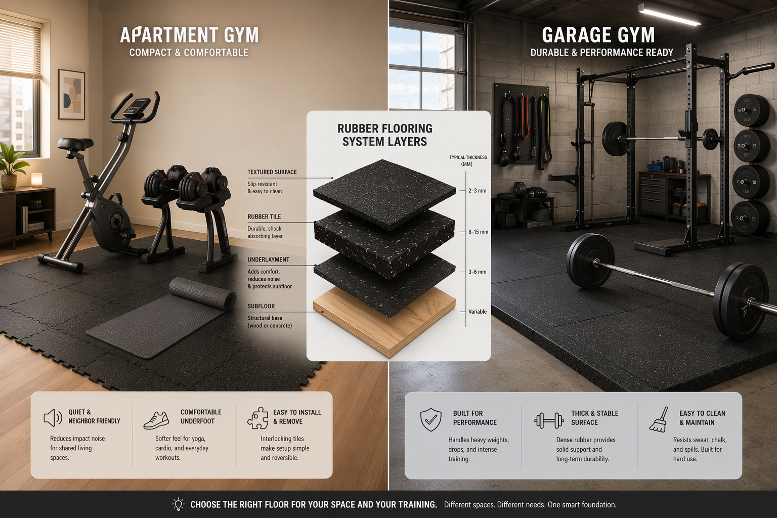 Split scene showing an apartment home gym with interlocking rubber tiles on a wood subfloor, foldable bike, dumbbells, and a yoga mat, contrasted with a garage gym using thick horse stall mats, barbell, and power rack. A central cross-section diagram illustrates flooring layers with a mm thickness scale.
