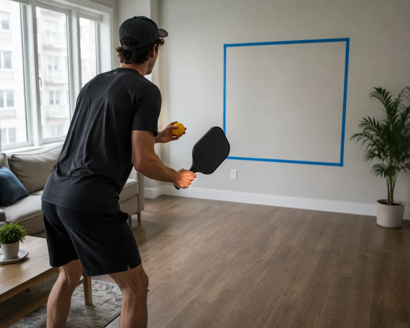 Apartment pickleball practice setup with foam ball, paddle, and painter's tape wall target