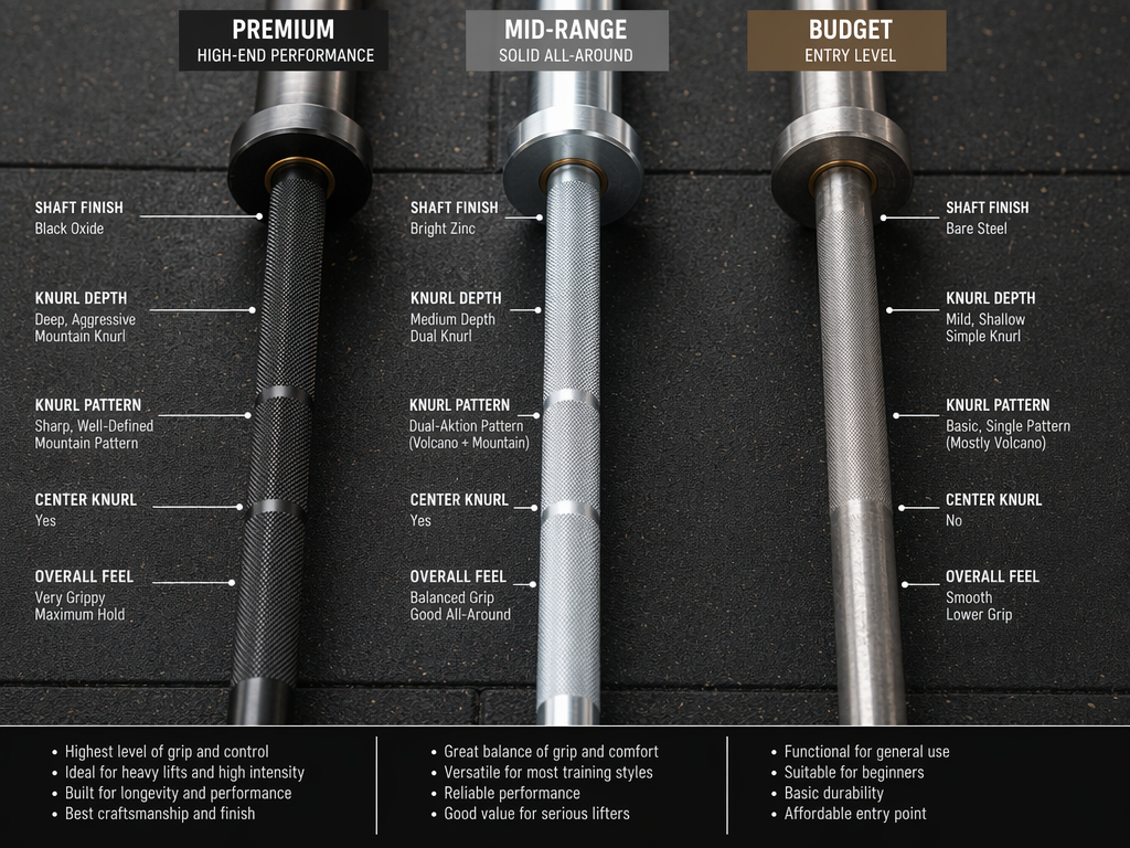 A flat-lay comparison of three barbells placed side by side on a gym mat floor, showing progressively different knurl patterns and shaft finishes.
