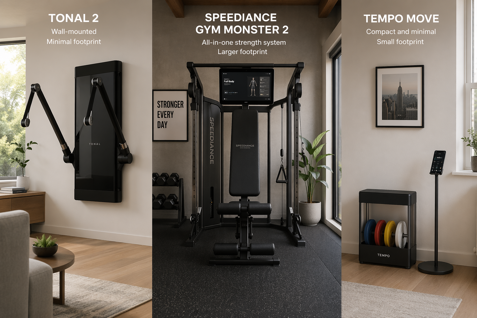 Three smart home gym systems arranged left to right in realistic home interiors showing relative footprint sizes: Tonal 2 wall-mounted in a living room, Speediance Gym Monster 2 freestanding in a home gym corner, and Tempo Move compact setup in a small apartment corner.