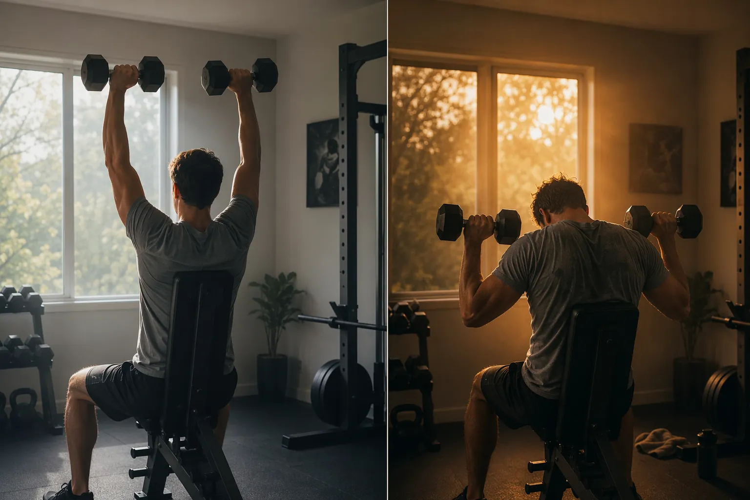 Split-scene home gym showing calmer morning training and more fatigued late-afternoon training