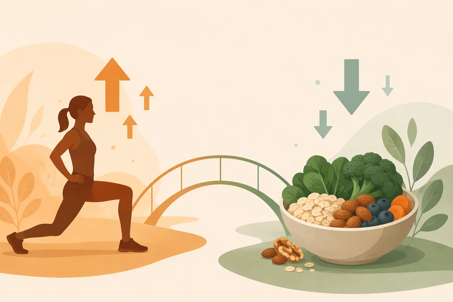 Illustration connecting lunges with HDL increase and oats and vegetables with LDL reduction