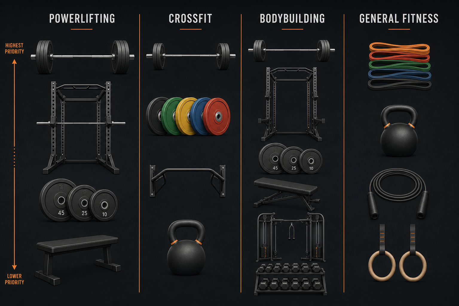 Infographic with four vertical columns labeled Powerlifting, CrossFit, Bodybuilding, and General Fitness, each stacking equipment icons by priority from top to bottom.
