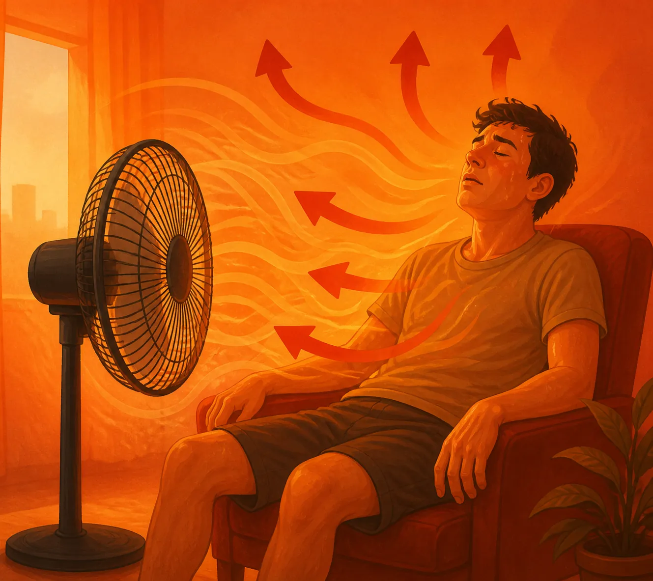 Illustration of hot air from a fan circulating toward a seated person