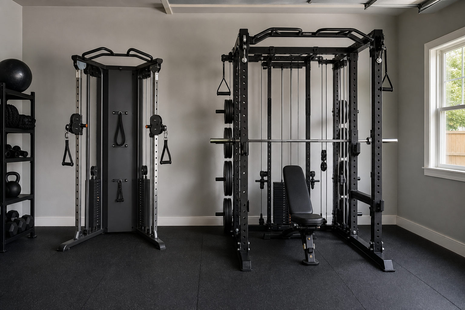 Two cable machine types side by side in a residential garage gym — a compact standalone functional trainer on the left and a larger all-in-one rack-cable system on the right, illustrating the physical scale difference between system types.