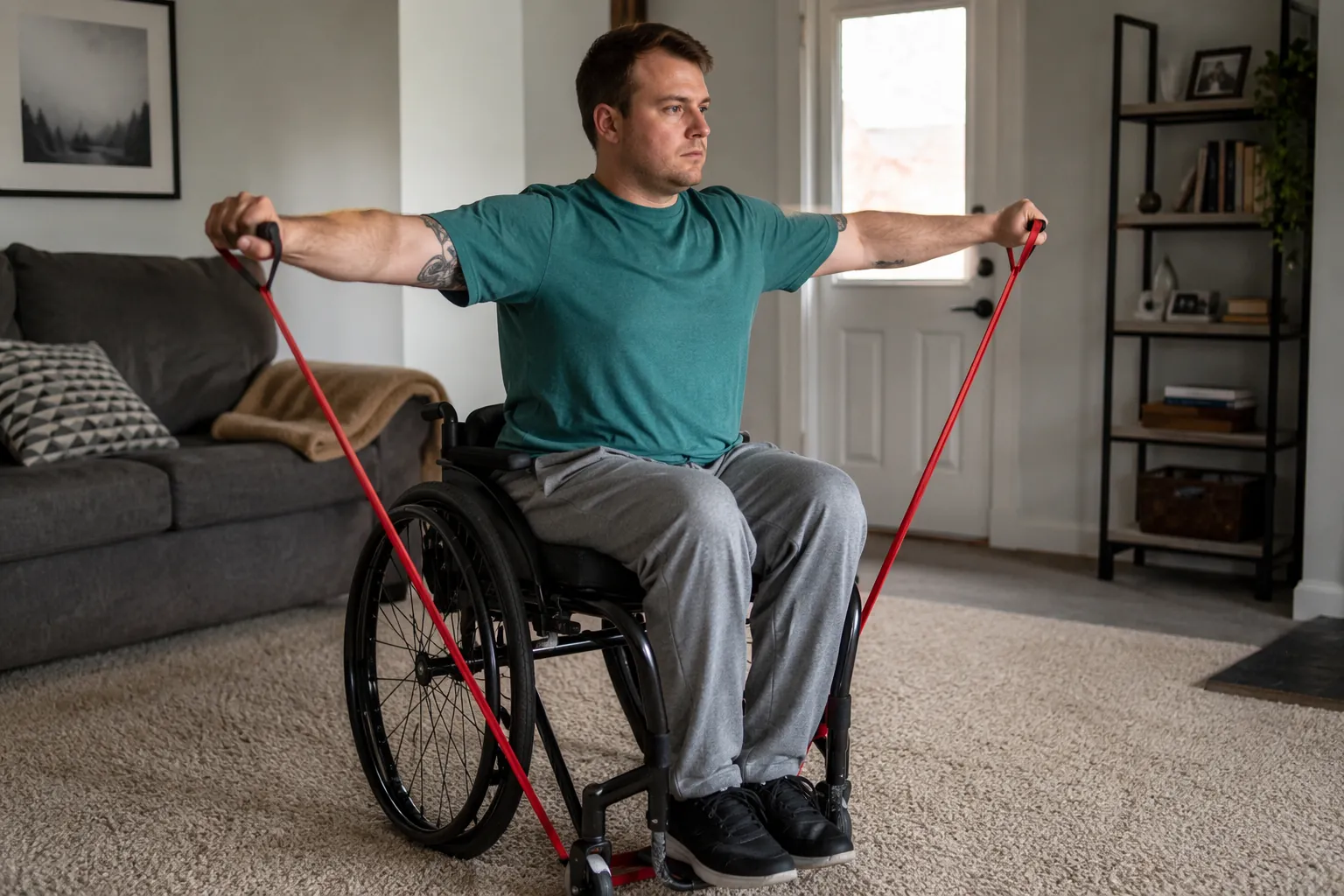 Wheelchair user pulling red resistance bands during a seated home workout