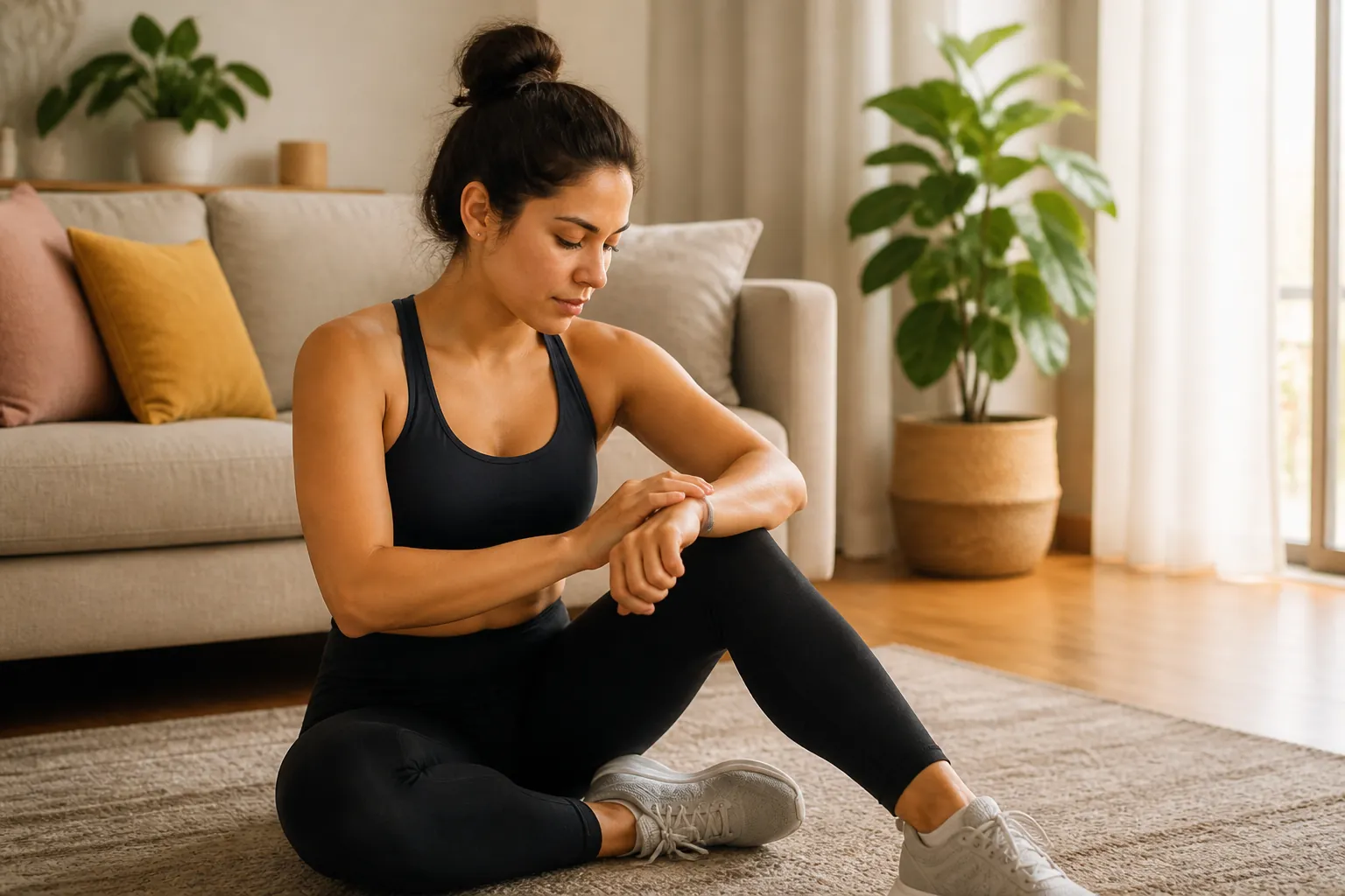 Person seated after a home workout counting pulse at the wrist