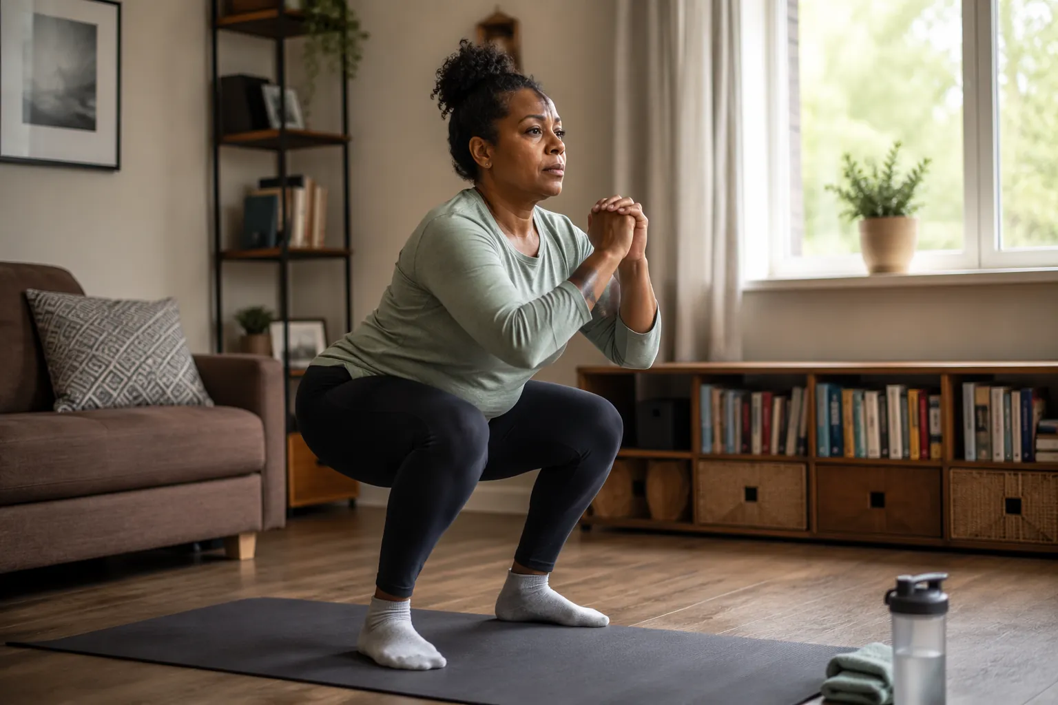 Middle-aged person doing a bodyweight squat on a mat in a sunlit living room