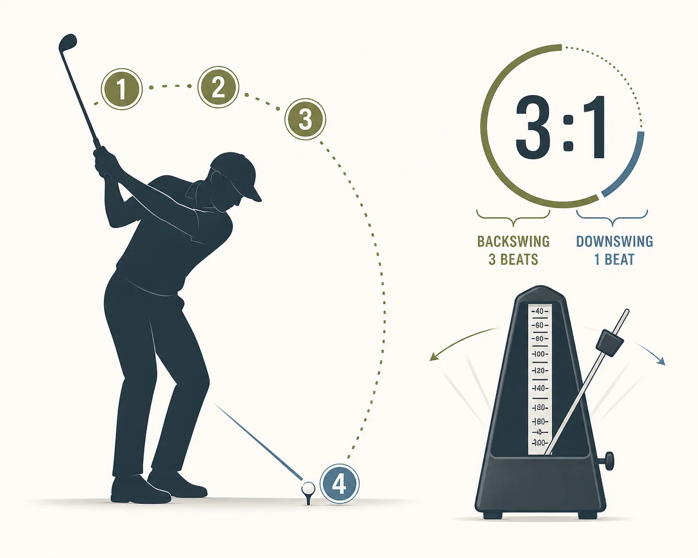 Diagram showing three metronome beats on the backswing and one beat at impact for a 3 to 1 golf tempo ratio